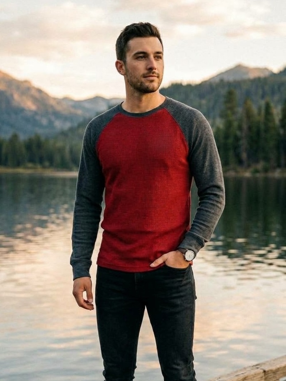 Urban Pipeline Men’s Thermal Long Sleeve Colorblock Shirt Gray Red Sz XXL